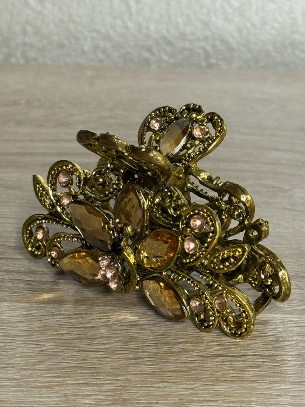 Decorative Butterfly-Themed Hair Claw Clip Antique Gold Finish Sparkly Crystal s - Picture 7 of 10